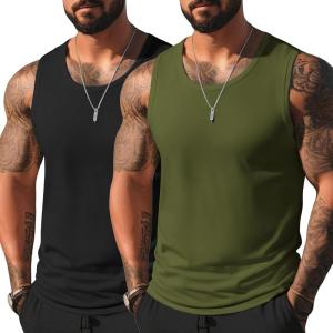 imageCOOFANDY Mens Casual Tank Tops Moisture Wicking Muscle Sleeveless Shirts Soft Bamboo Viscose Tank Shirt 2 PackBlackArmy Green