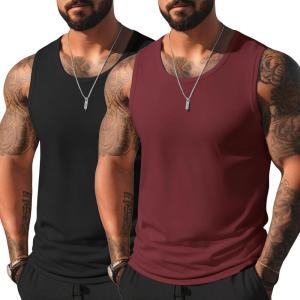 imageCOOFANDY Mens Casual Tank Tops Moisture Wicking Muscle Sleeveless Shirts Soft Bamboo Viscose Tank Shirt 2 PackBlackWine Red