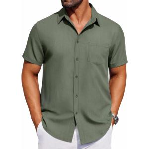 imageCOOFANDY Mens Short Sleeve Button Down Shirt Casual Untucked Dress Shirt Stretch Denim ShirtAarmy Green