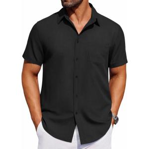 imageCOOFANDY Mens Short Sleeve Button Down Shirt Casual Untucked Dress Shirt Stretch Denim ShirtBblack