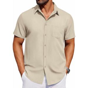 imageCOOFANDY Mens Short Sleeve Button Down Shirt Casual Untucked Dress Shirt Stretch Denim ShirtBeige
