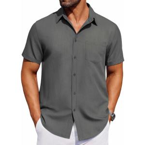 imageCOOFANDY Mens Short Sleeve Button Down Shirt Casual Untucked Dress Shirt Stretch Denim ShirtDark Grey