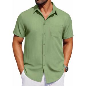 imageCOOFANDY Mens Short Sleeve Button Down Shirt Casual Untucked Dress Shirt Stretch Denim ShirtLight Green