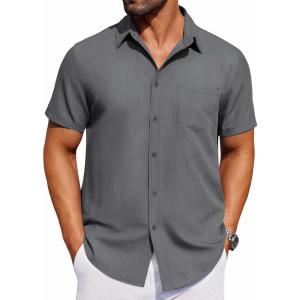 imageCOOFANDY Mens Short Sleeve Button Down Shirt Casual Untucked Dress Shirt Stretch Denim ShirtLight Grey