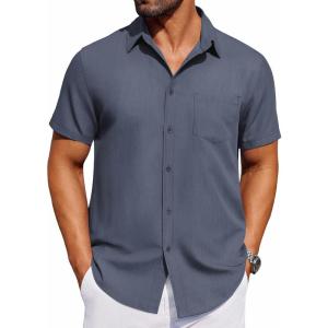 imageCOOFANDY Mens Short Sleeve Button Down Shirt Casual Untucked Dress Shirt Stretch Denim ShirtNavy Blue