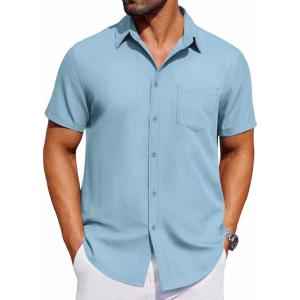 imageCOOFANDY Mens Short Sleeve Button Down Shirt Casual Untucked Dress Shirt Stretch Denim ShirtSky Blue