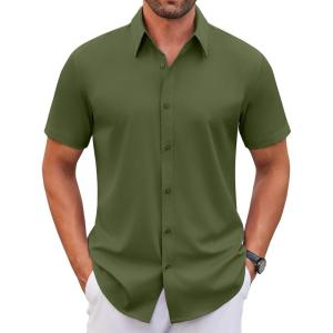 imageCOOFANDY Mens Stretch Dress Shirts Short Sleeve Wrinkle Free Casual Button Down ShirtsArmy Green