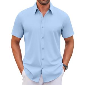 imageCOOFANDY Mens Stretch Dress Shirts Short Sleeve Wrinkle Free Casual Button Down ShirtsLight Blue