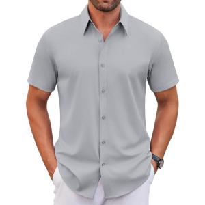 imageCOOFANDY Mens Stretch Dress Shirts Short Sleeve Wrinkle Free Casual Button Down ShirtsLight Grey