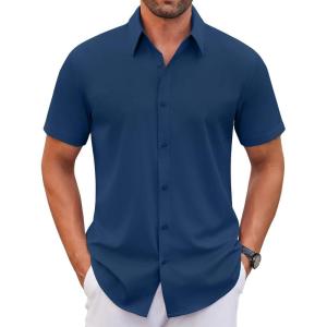 imageCOOFANDY Mens Stretch Dress Shirts Short Sleeve Wrinkle Free Casual Button Down ShirtsNavy Blue