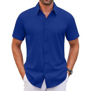 imageCOOFANDY Mens Stretch Dress Shirts Short Sleeve Wrinkle Free Casual Button Down ShirtsRoyal Azure