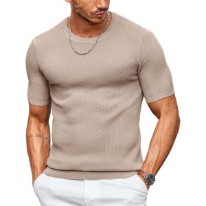 imageCOOFANDY Mens T Shirts Casual Short Sleeve Crewneck Shirts Solid Textured Knit Pullover TeesKhaki