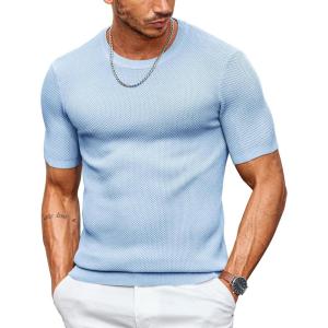 imageCOOFANDY Mens T Shirts Casual Short Sleeve Crewneck Shirts Solid Textured Knit Pullover TeesLight Blue
