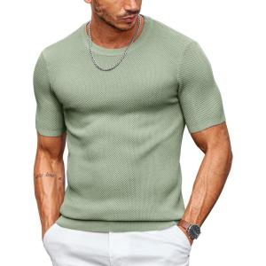 imageCOOFANDY Mens T Shirts Casual Short Sleeve Crewneck Shirts Solid Textured Knit Pullover TeesLight Green