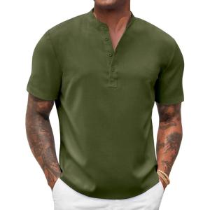 imageCOOFANDY Mens Casual Summer Beach Henley Shirt Band Collar Lightweight Hippie Tee ShirtsArmy Green