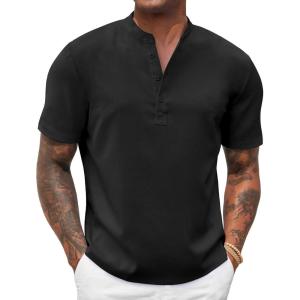 imageCOOFANDY Mens Casual Summer Beach Henley Shirt Band Collar Lightweight Hippie Tee ShirtsBlack