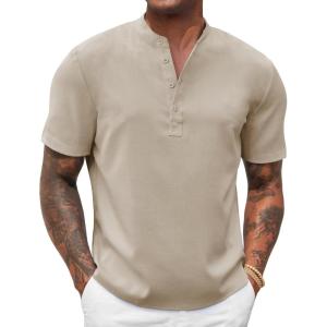 imageCOOFANDY Mens Casual Summer Beach Henley Shirt Band Collar Lightweight Hippie Tee ShirtsBrown