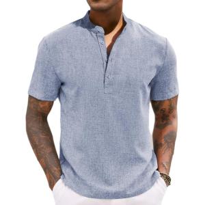 imageCOOFANDY Mens Casual Summer Beach Henley Shirt Band Collar Lightweight Hippie Tee ShirtsLight Blue1