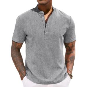 imageCOOFANDY Mens Casual Summer Beach Henley Shirt Band Collar Lightweight Hippie Tee ShirtsLight Gray