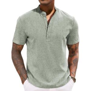 imageCOOFANDY Mens Casual Summer Beach Henley Shirt Band Collar Lightweight Hippie Tee ShirtsLight Green