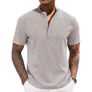 imageCOOFANDY Mens Casual Summer Beach Henley Shirt Band Collar Lightweight Hippie Tee ShirtsLight Khaki