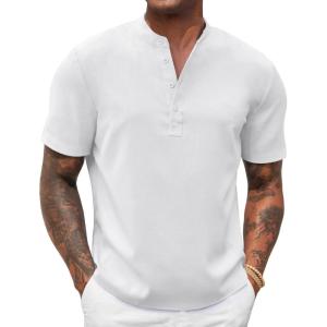 imageCOOFANDY Mens Casual Summer Beach Henley Shirt Band Collar Lightweight Hippie Tee ShirtsWhite