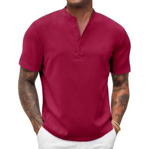 imageCOOFANDY Mens Casual Summer Beach Henley Shirt Band Collar Lightweight Hippie Tee ShirtsWine Red