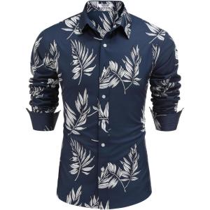 imageCOOFANDY Mens Floral Button Down Long Sleeve Hawaiian Shirt Flower Printed Tropical Beach ShirtsBlue  Leaf 2