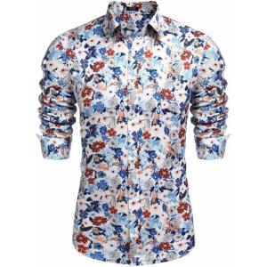 imageCOOFANDY Mens Floral Button Down Long Sleeve Hawaiian Shirt Flower Printed Tropical Beach ShirtsBlue Floral