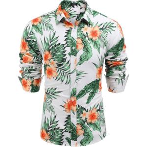 imageCOOFANDY Mens Floral Button Down Long Sleeve Hawaiian Shirt Flower Printed Tropical Beach ShirtsWhite  Orange Flower