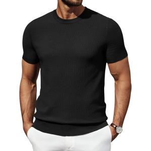 imageCOOFANDY Mens Knit TShirts Summer Waffle Shirts Vintage Shirts Short Sleeve Crew Neck Tee Shirt Casual Crochet TopBlack