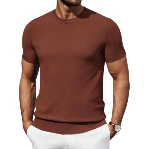 imageCOOFANDY Mens Knit TShirts Summer Waffle Shirts Vintage Shirts Short Sleeve Crew Neck Tee Shirt Casual Crochet TopBrown