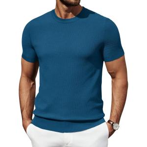 imageCOOFANDY Mens Knit TShirts Summer Waffle Shirts Vintage Shirts Short Sleeve Crew Neck Tee Shirt Casual Crochet TopDark Blue