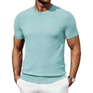 imageCOOFANDY Mens Knit TShirts Summer Waffle Shirts Vintage Shirts Short Sleeve Crew Neck Tee Shirt Casual Crochet TopIce Green