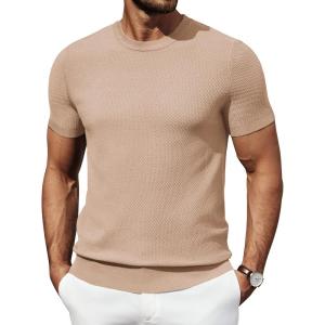 imageCOOFANDY Mens Knit TShirts Summer Waffle Shirts Vintage Shirts Short Sleeve Crew Neck Tee Shirt Casual Crochet TopKhaki