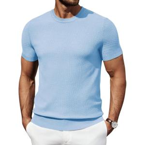 imageCOOFANDY Mens Knit TShirts Summer Waffle Shirts Vintage Shirts Short Sleeve Crew Neck Tee Shirt Casual Crochet TopLight Blue