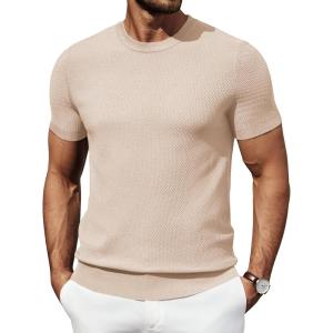 imageCOOFANDY Mens Knit TShirts Summer Waffle Shirts Vintage Shirts Short Sleeve Crew Neck Tee Shirt Casual Crochet TopLight Khaki