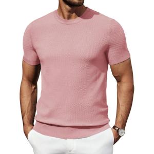 imageCOOFANDY Mens Knit TShirts Summer Waffle Shirts Vintage Shirts Short Sleeve Crew Neck Tee Shirt Casual Crochet TopLight Pink