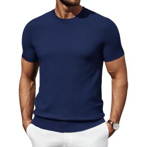 imageCOOFANDY Mens Knit TShirts Summer Waffle Shirts Vintage Shirts Short Sleeve Crew Neck Tee Shirt Casual Crochet TopNavy Blue