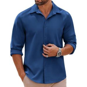 imageCOOFANDY Mens Long Sleeve Button Down Shirts Casual Untucked Shirts Stretch ShirtsDark Blue