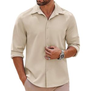 imageCOOFANDY Mens Long Sleeve Button Down Shirts Casual Untucked Shirts Stretch ShirtsKhaki