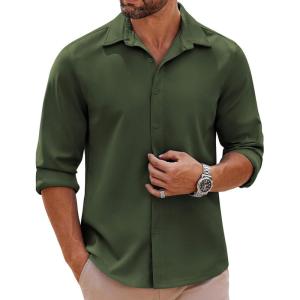 imageCOOFANDY Mens Long Sleeve Button Down Shirts Casual Untucked Shirts Stretch ShirtsOlive Green