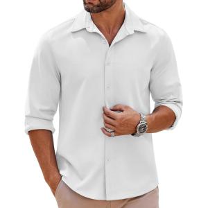 imageCOOFANDY Mens Long Sleeve Button Down Shirts Casual Untucked Shirts Stretch ShirtsWhite