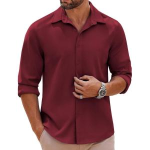 imageCOOFANDY Mens Long Sleeve Button Down Shirts Casual Untucked Shirts Stretch ShirtsWine Red
