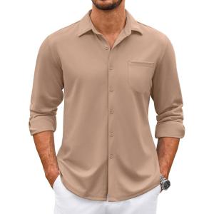 imageCOOFANDY Mens Wrinkle Free Dress Shirts Long Sleeve Untucked Shirts Casual Button Down ShirtsKhaki
