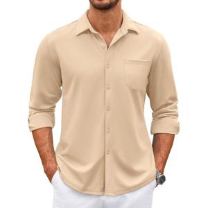imageCOOFANDY Mens Wrinkle Free Dress Shirts Long Sleeve Untucked Shirts Casual Button Down ShirtsLight Khaki