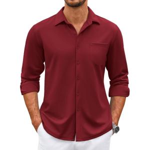 imageCOOFANDY Mens Wrinkle Free Dress Shirts Long Sleeve Untucked Shirts Casual Button Down ShirtsWine Red