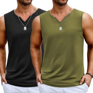 imageCOOFANDY Casual Sleeveless Shirts for Men Cotton V Neck Tank Tops Summer 2 Pack Workout Gym Muscle TeeBlackArmy Green