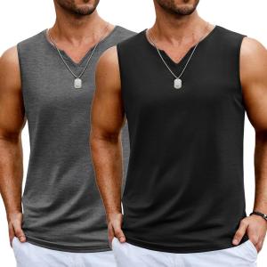 imageCOOFANDY Casual Sleeveless Shirts for Men Cotton V Neck Tank Tops Summer 2 Pack Workout Gym Muscle TeeBlackDark Gray