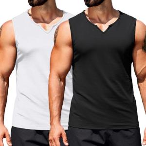 imageCOOFANDY Casual Sleeveless Shirts for Men Cotton V Neck Tank Tops Summer 2 Pack Workout Gym Muscle TeeBlackWhite